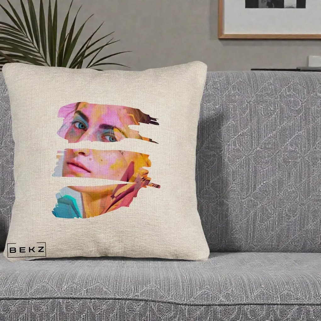 Perna Decorativa Portret Femeie Fragmentat Colorat, 40x40 cm, Bej Canapea, Husa Detasabila, Perna Inclusa, BEKZ®