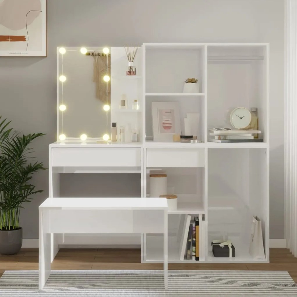 3114103 vidaXL Set măsuță de toaletă cu LED, alb extralucios, lemn prelucrat