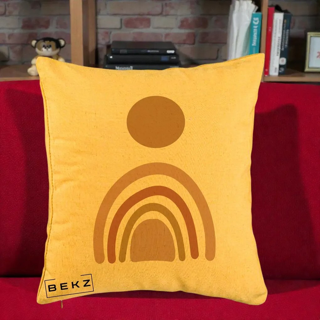 Perna Decorativa Boho Rainbow Sun, 40x40 cm, Galben, Husa Detasabila, Perna Inclusa, BEKZ®