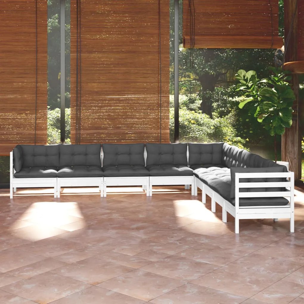 vidaXL Set mobilier de grădină cu perne, 9 piese, alb, lemn masiv pin
