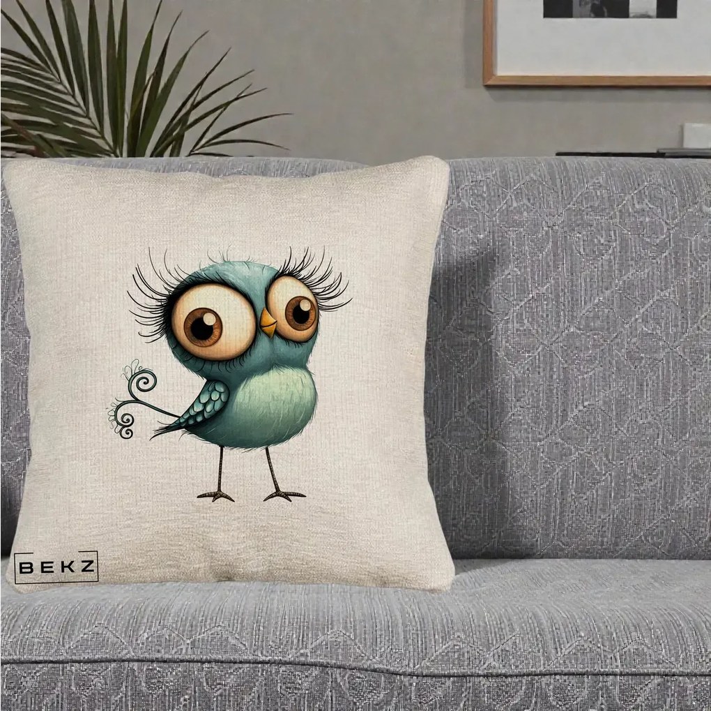 Perna Decorativa Pasare Teal cu Gene si Coada Spiralata, 40x40 cm, Bej Canapea, Husa Detasabila, Perna Inclusa, BEKZ®