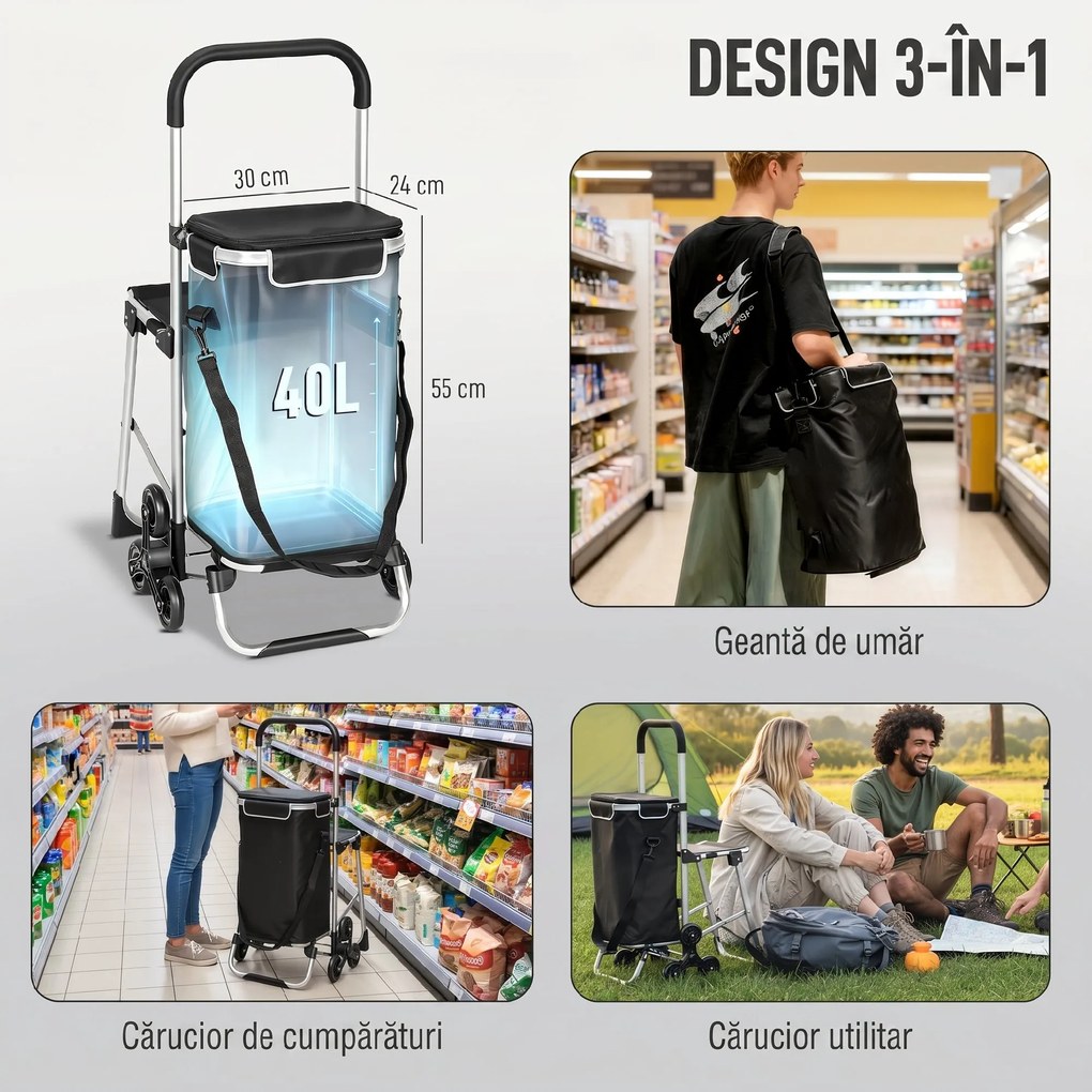 HOMCOM Cărucior de Cumpărături cu Geantă Impermeabilă de 40L, 46x59.5x97 cm, Negru și Argintiu | Aosom Romania