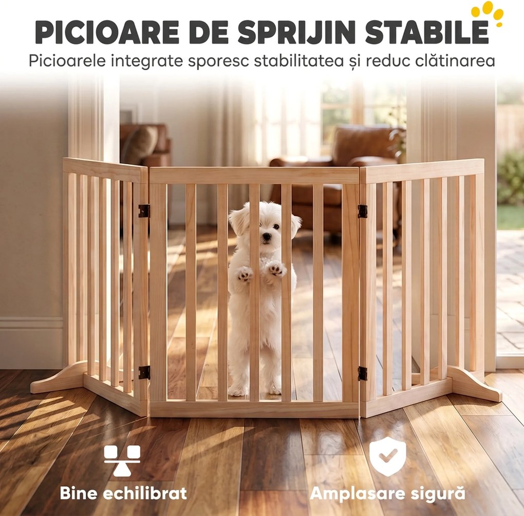PawHut Poartă Pliabilă pentru Câini cu 3 Panouri, În Nuanțe de Lemn de Pin | Aosom Romania