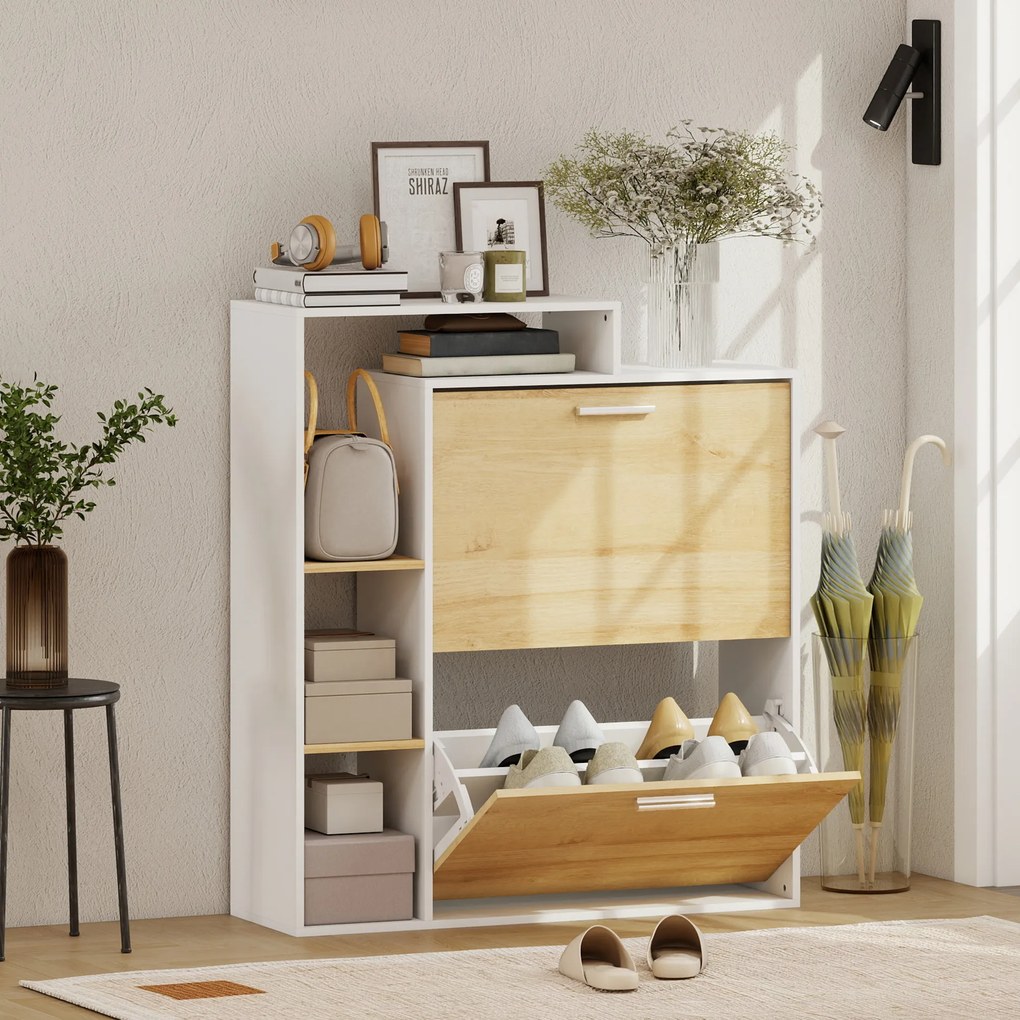 HOMCOM Dulap Slim pentru Pantofi cu 2 Sertare Rabatabile, Dulap Intrare cu Rafturi Reglabile, 3 Rafturi Deschise, Spațiu pentru 8 Perechi de Pantofi, Alb și Lemn Natural, 80x26x90 cm | Aosom Romania