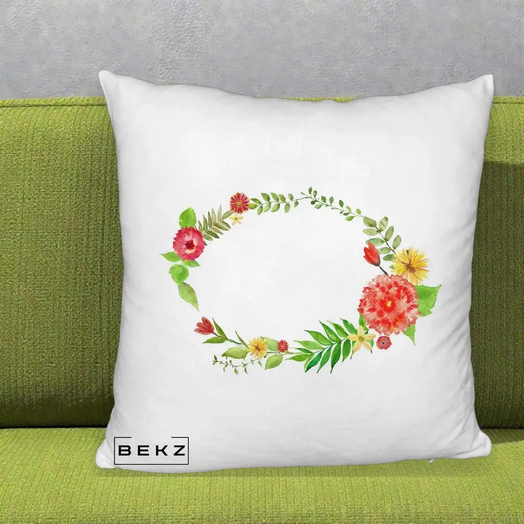 Perna Decorativa Coroana Florala Acuarela, 40x40 cm, Alb Pufos, Husa Detasabila, Perna Inclusa, BEKZ®