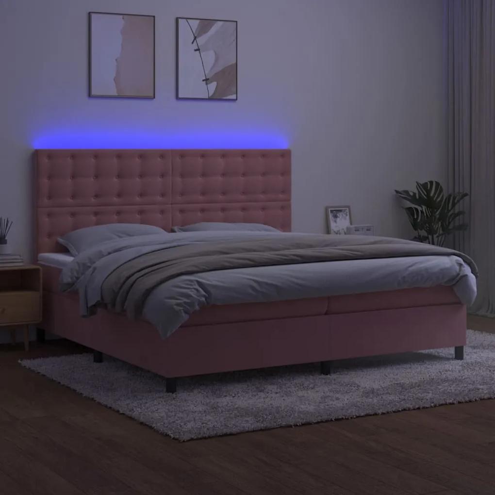 Pat continental cu saltea  LED, roz, 200x200 cm, catifea Roz, 200 x 200 cm, Nasturi de tapiterie
