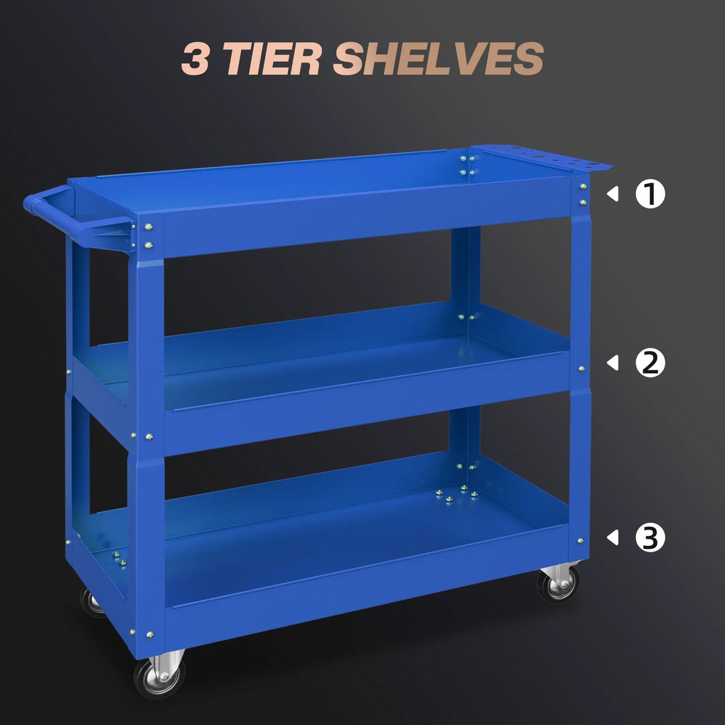 DURHAND Cărucior pentru Scule cu 3 Niveluri din Oțel cu Margini Înalte și 4 Roți Pivotante, 83 x 35.3 x 76 cm, Albastru | Aosom Romania