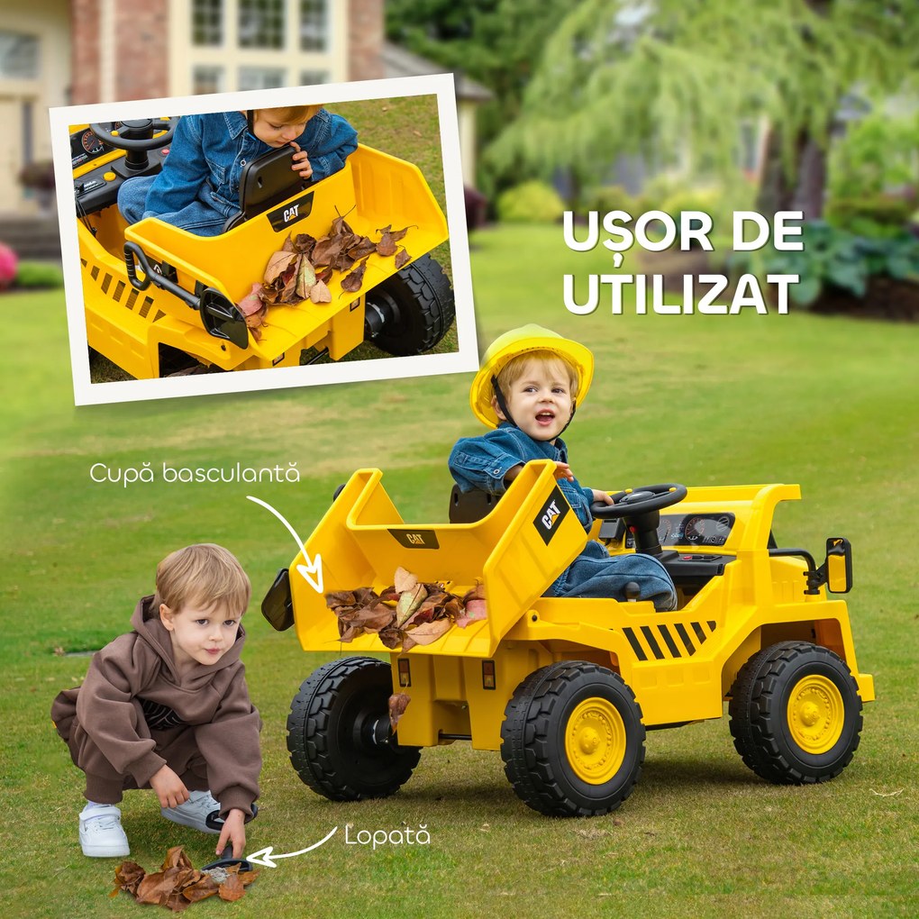 AIYAPLAY Excavator de Călărit cu Licență, cu Telecomandă, Tractor pentru Copii cu Cupă, Lopată, Muzică, Difuzor, Faruri, 110x70.5x61.5 cm, Galben