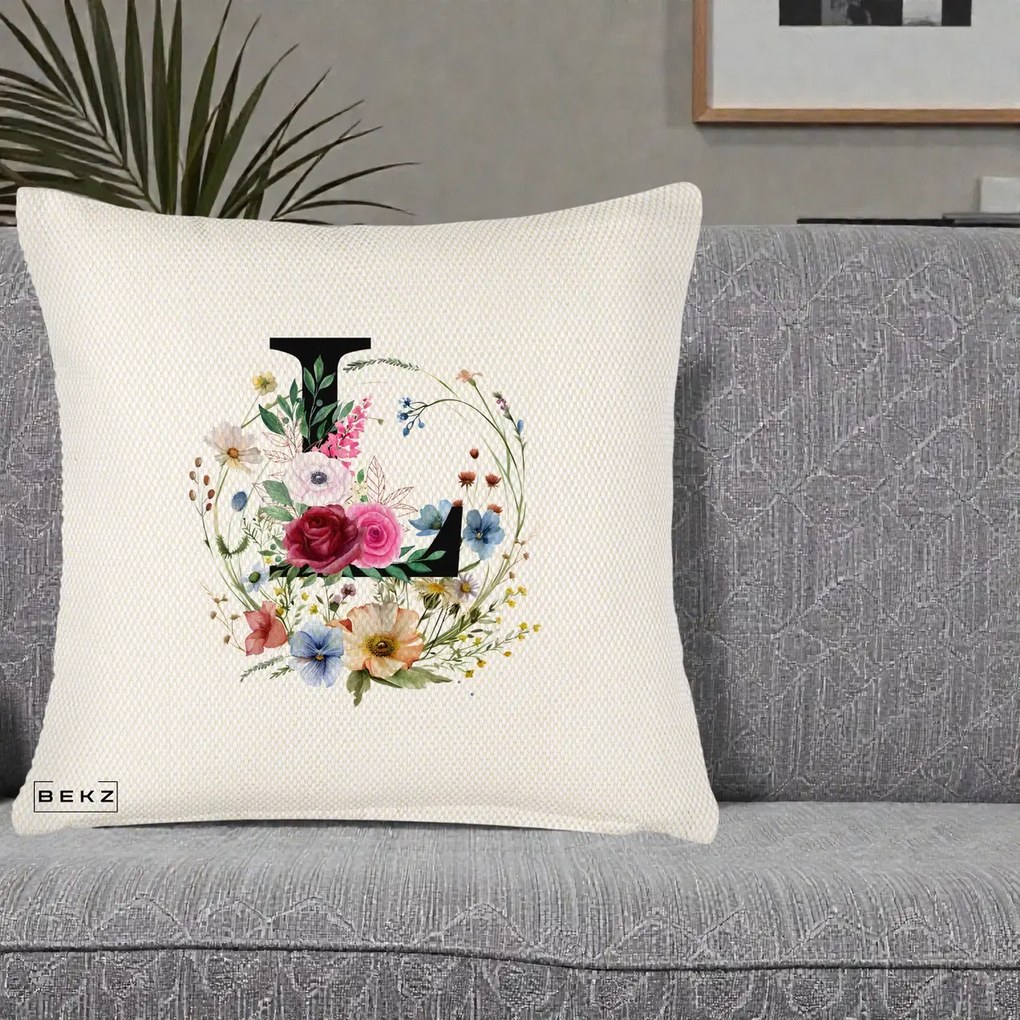 Cadou Personalizat - Perna Personalizata Monogram Litera L cu Flori Acuarela, 40x40 cm, Crem Reliefat, Husa Detasabila, Perna Inclusa, BEKZ®