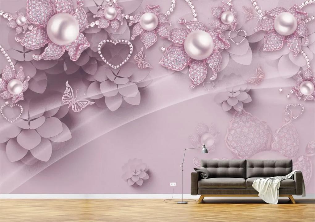 Tapet Premium Canvas - Abstract flori mov cu perle