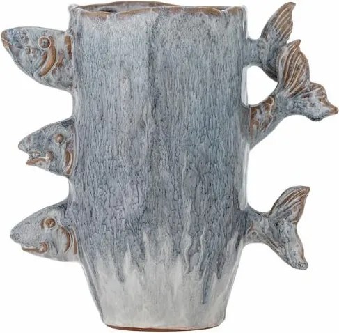 Vază decorativă albastră din ceramică cu pești sculptați, L23,5×H23×W13 cm, „Tace"