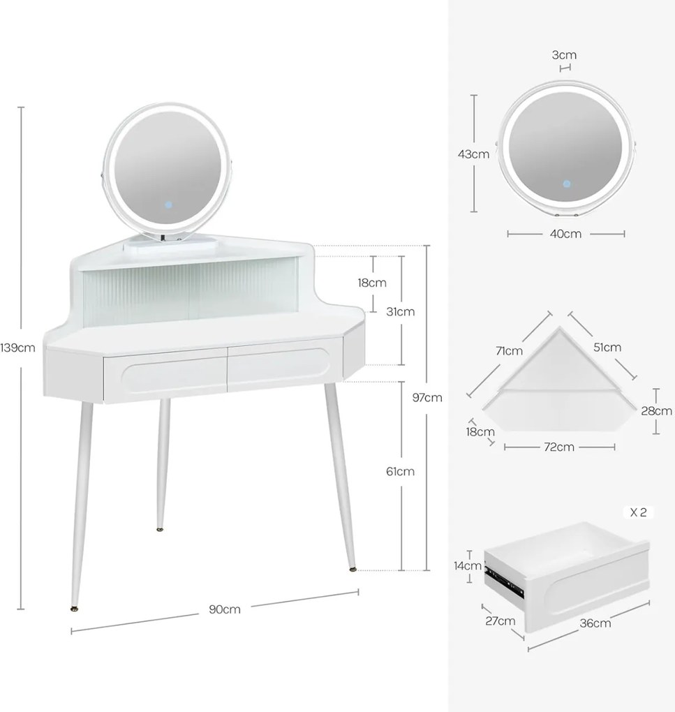 Masuta machiaj cu Oglinda LED si 2 Sertare pentru Cosmetice, Set Masa toaleta 90 cm, Alb, masuta cosmetica, vanity - SEA493