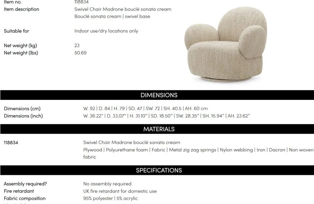 Fotoliu pivotant design LUX Madrone, Boucle sonata cream