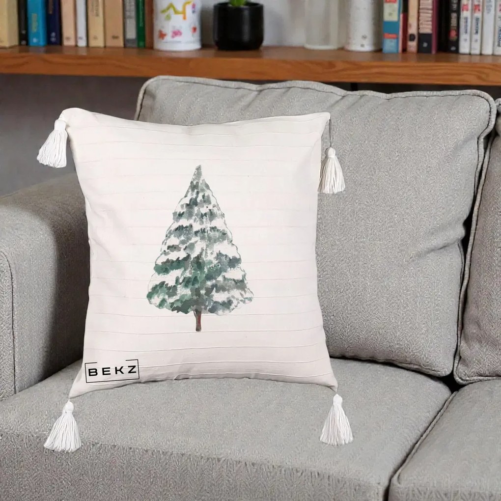 Perna Decorativa cu Franjuri cu tematica de Craciun, Brad 2, 40x40 cm, Bej cu Franjuri, Husa Detasabila, Perna Inclusa, BEKZ®