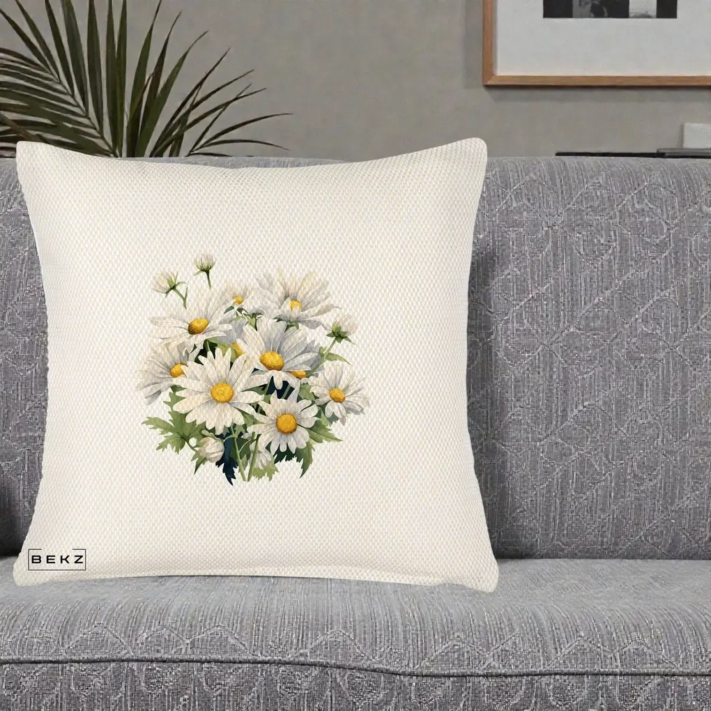 Perna Decorativa Buchet Margarete Albe Acuarela, 40x40 cm, Crem Reliefat, Husa Detasabila, Perna Inclusa, BEKZ®