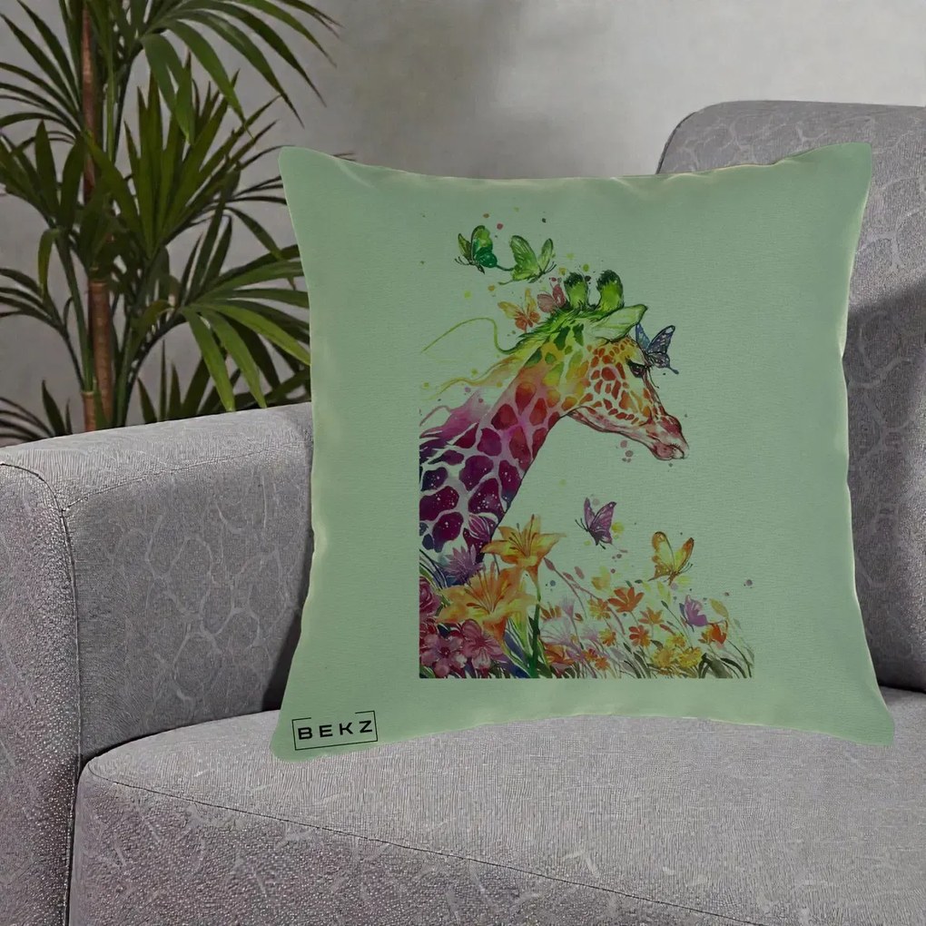 Perna Decorativa Girafa Curcubeu Acuarela, 40x40 cm, Verde, Husa Detasabila, Perna Inclusa, BEKZ®