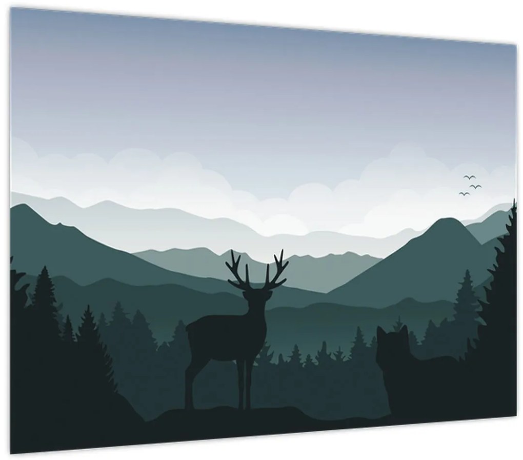 Tablou - Cerb cu lup pe stânci (70x50 cm)