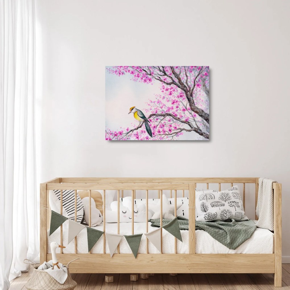 Tablou pe sticlă - Pasăre pe un copac cu flori roz (70x50 cm)