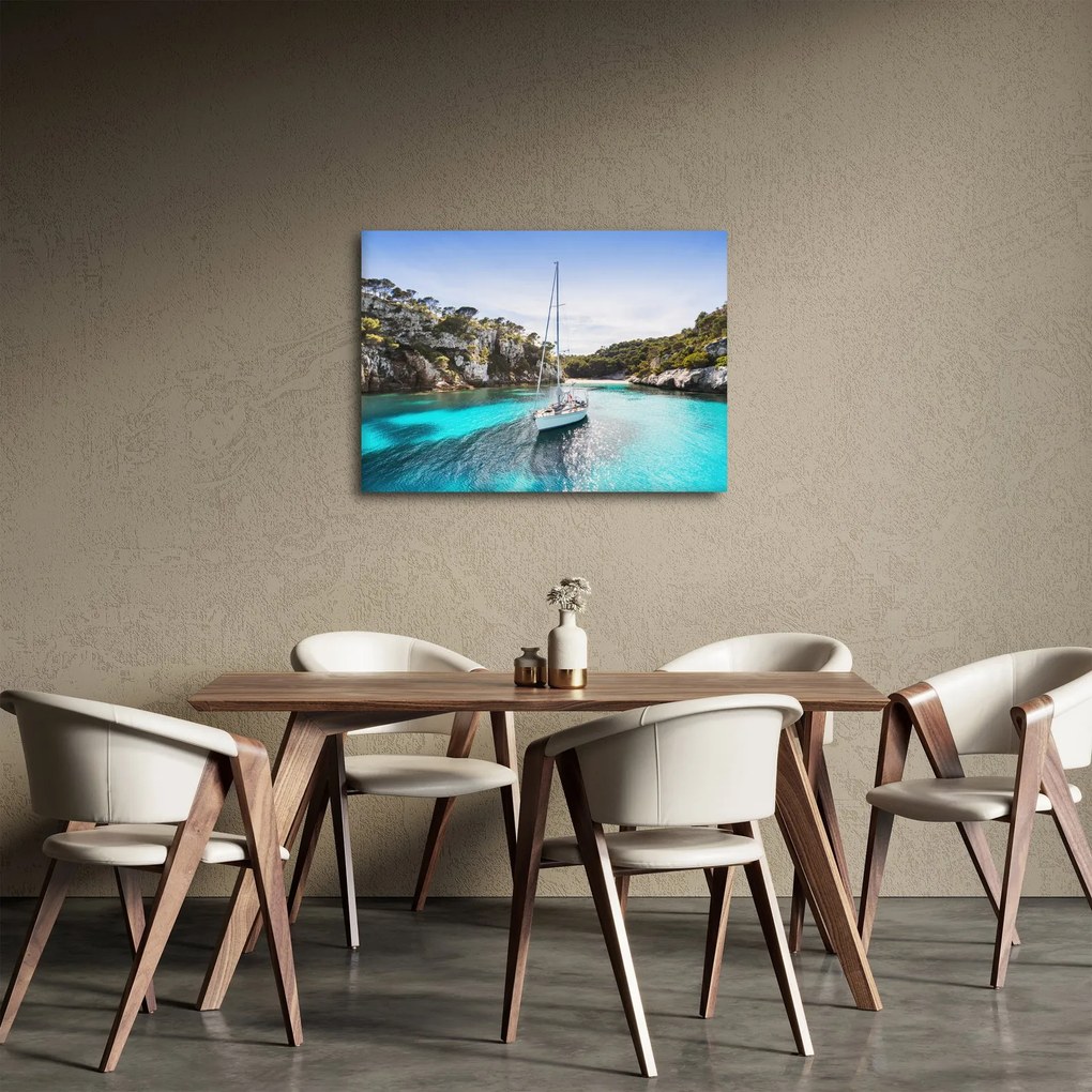 Tablou - Plajă cu barca cu pânze (70x50 cm)