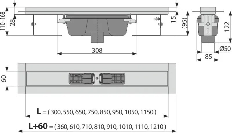 Rigola dus faiantabila iesire verticala 1050 mm Alcadrain Professional APZ1006-1050 1050 mm
