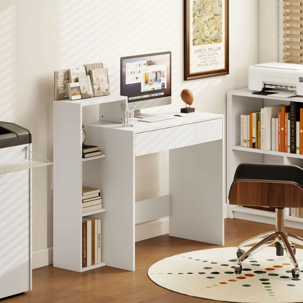 HOMCOM Compact Computer Desk with 3 Storage Shelves and Drawer, Space Saving Writing Desk, Study Table for Home Office, 110 x 40 x 92 cm, White | Aosom Romania