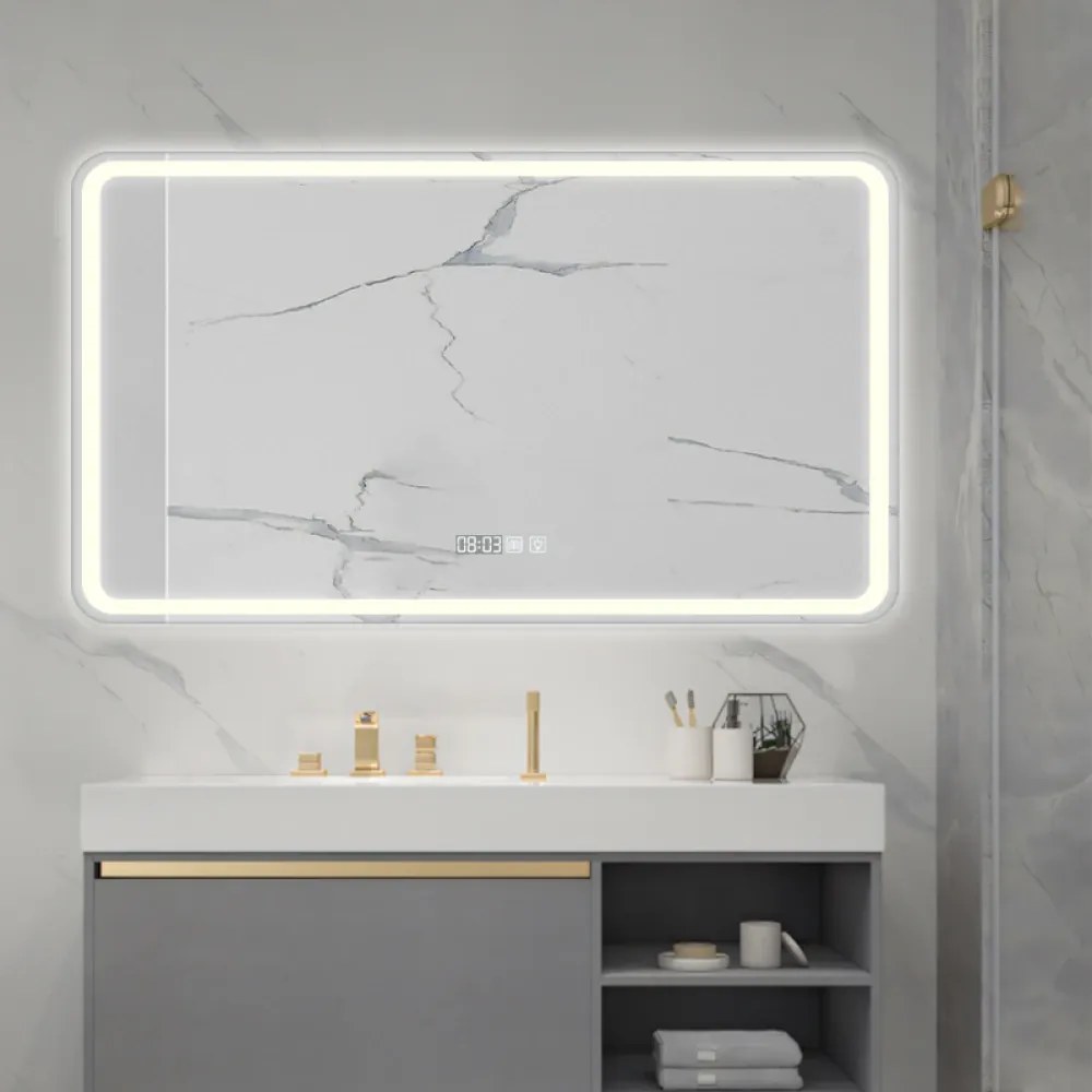 Oglindă baie, Multifuncțională, Iluminare LED Touch, Sistem Dezaburire, Ceas electronic încorporat, Indicator Temperatura, 120x60 cm