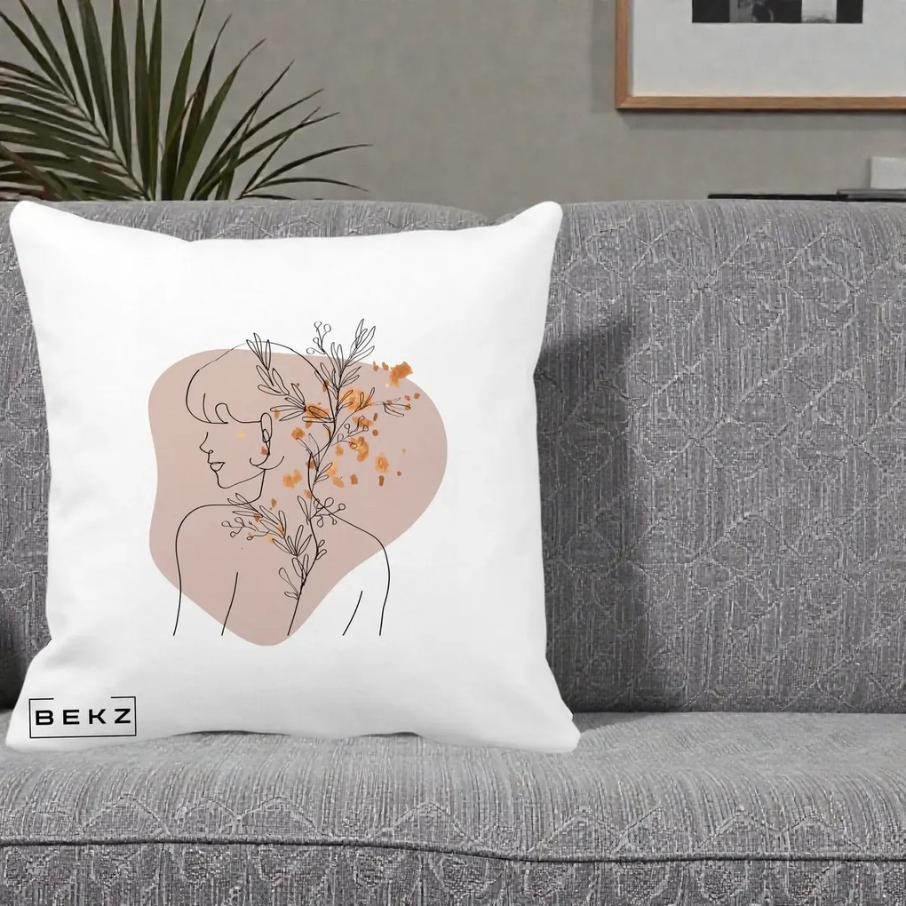 Perna Decorativa Femeie cu Flori Line Art Boho, 40x40 cm, Alba Mata, Husa Detasabila, Perna Inclusa, BEKZ®