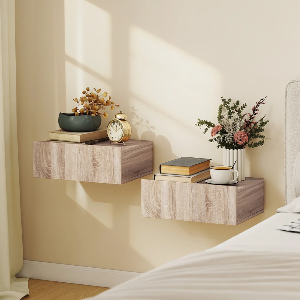 HOMCOM Set de 2 Noptiere Suspendate cu Sertar, Pereche de Noptiere Moderne din Lemn, Mese Laterale pentru Canapea, Living și Dormitor, 40x30x15 cm, Stejar | Aosom Romania