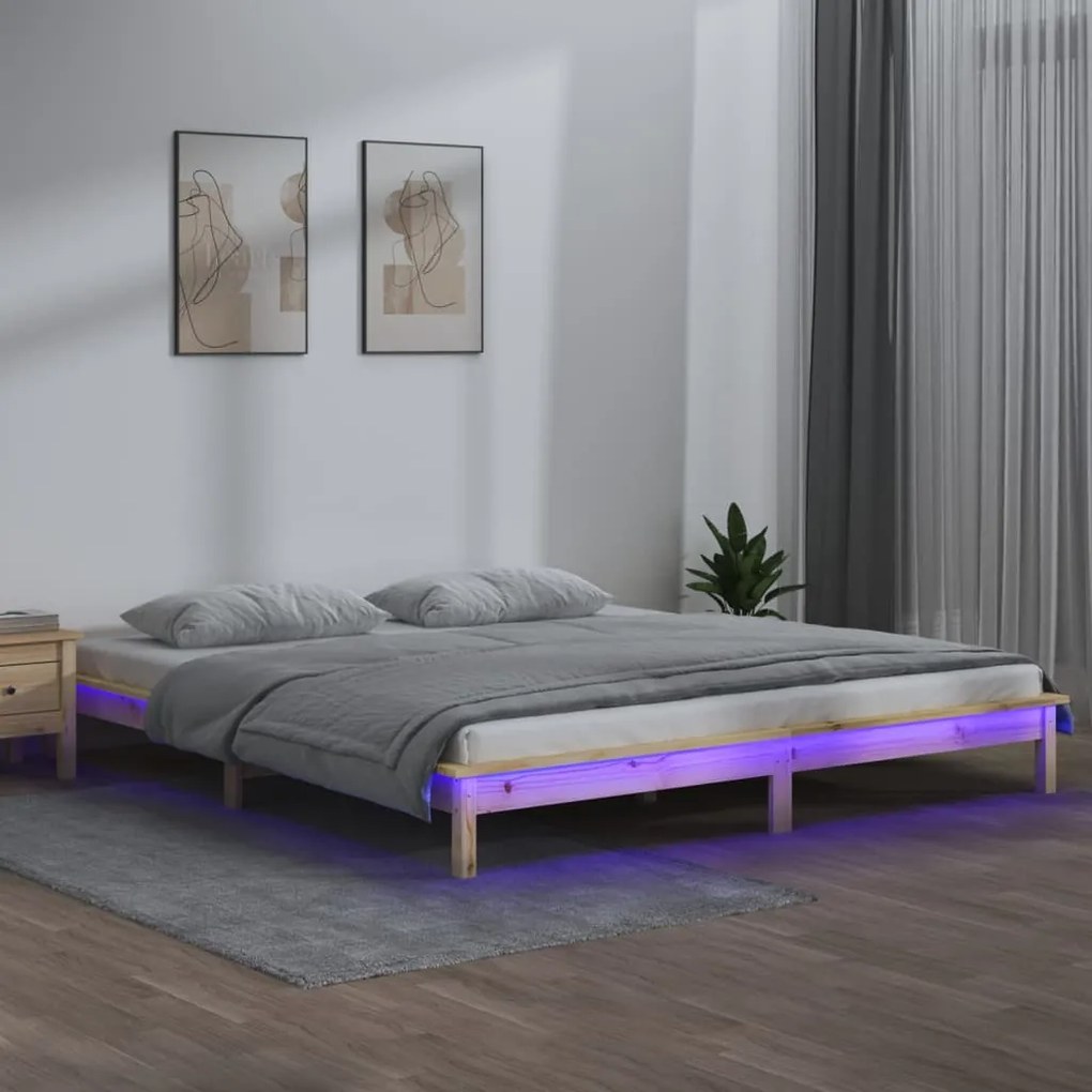 Cadru de pat cu LED, dublu 4FT6, 135x190 cm, lemn masiv Maro, 135 x 190 cm