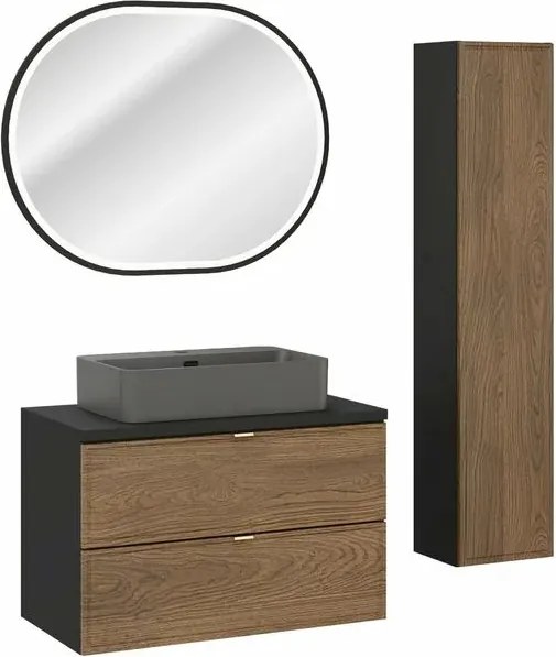 Set mobilier baie 80 cm 5 piese Comad Talia negru mat si stejar Casella