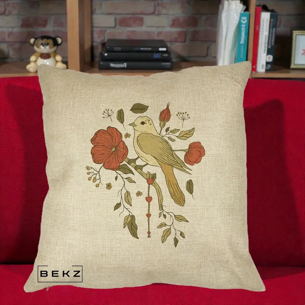 Perna Decorativa Pasare pe Ramura cu Maci, 40x40 cm, Crem, Husa Detasabila, Perna Inclusa, BEKZ®