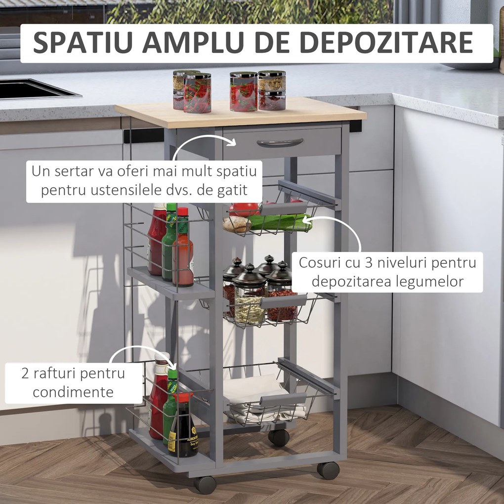 HOMCOM Carucior Bucatarie Multifunctional cu 3 Sertare Detasabile 2 Suporturi Sticle Lemn de Pin Metal 47x37x83cm Stejar Gri | Aosom Romania