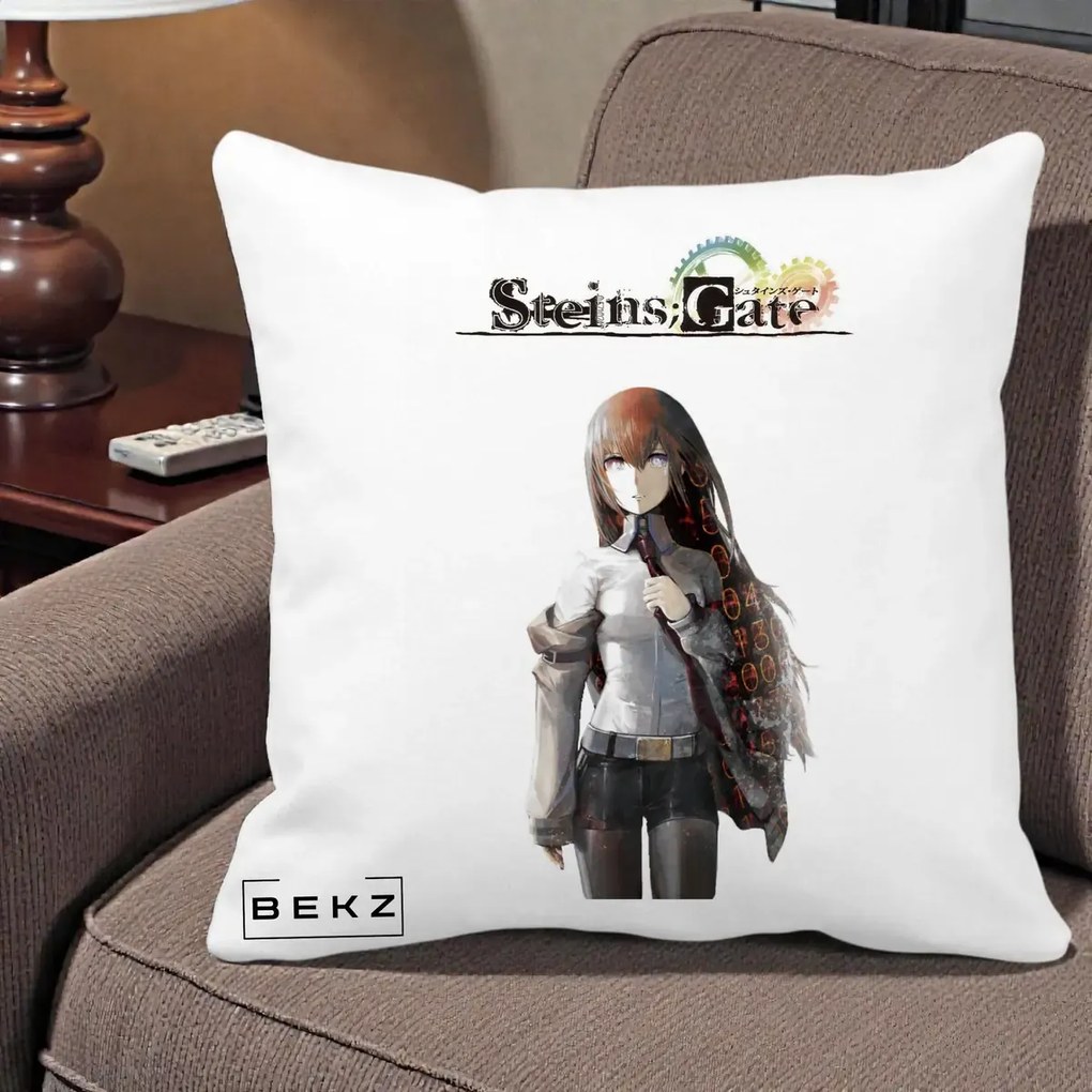Perna Personalizata Steins Gate Kurisu Makise Anime, 40x40 cm, Alba Mata, Husa Detasabila, Perna Inclusa, BEKZ®