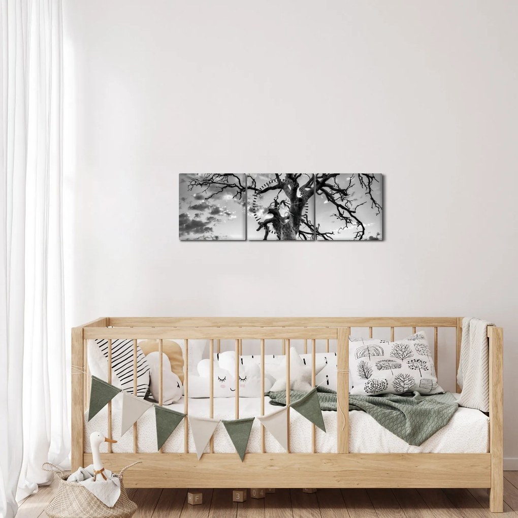 Tablou - Copacul, alb-negru (cu ceas) (90x30 cm)