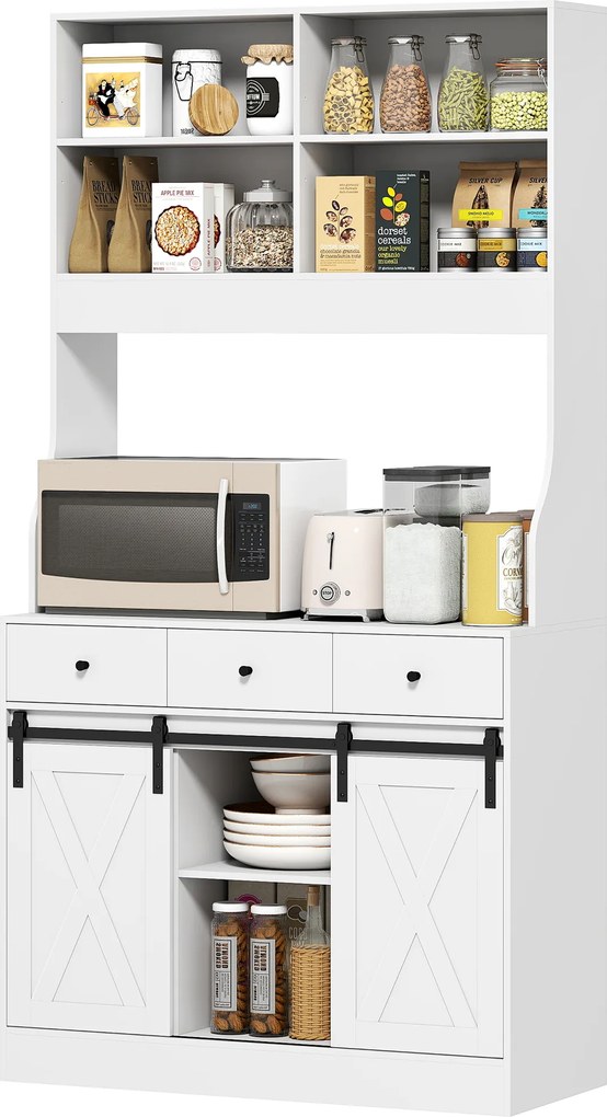 HOMCOM Dulap de bucătărie cu 2 uși glisante 3 sertare Blat pentru cuptor cu microunde și rafturi reglabile Alb 93,5x40x180cm | Aosom Romania