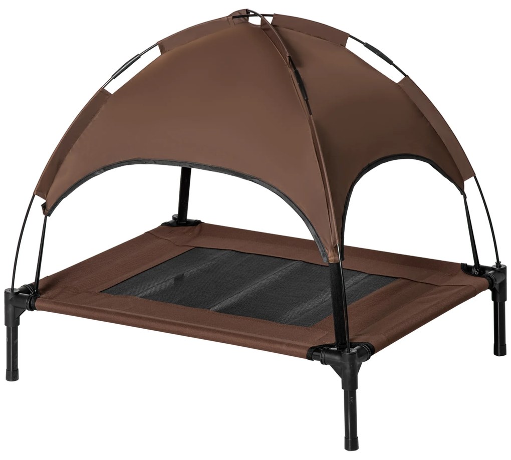 PawHut Pat înălțat pentru câini cu baldachin, pat pentru animale de companie, pat pentru câini de exterior cu acoperiș, respirabil, material textil pentru camping Cafea 76 x 61 x 73 cm | Aosom Romania