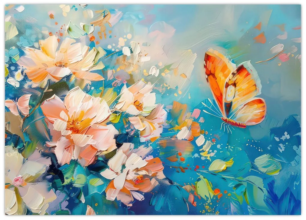 Tablou pe sticlă - Fluture și flori, pictură în ulei II. (70x50 cm)