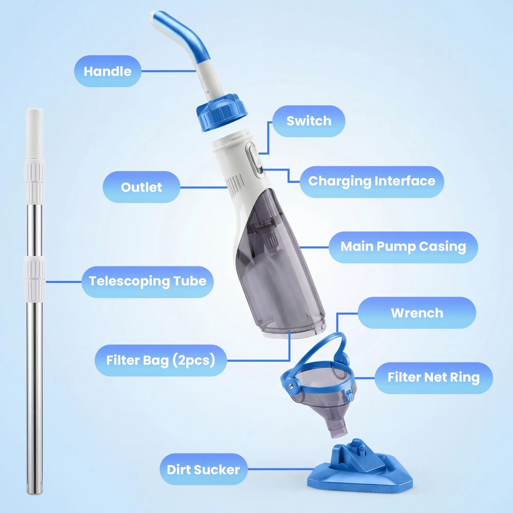 Outsunny Aspirator piscină, aspirator fără fir cu tijă reglabilă 63-150 cm și perie pentru piscine mici, spa-uri și iazuri | Aosom Romania