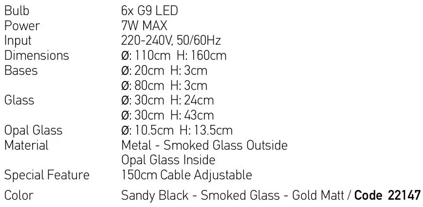 Lustra cu 6 Pendule, Sticla, Fumuriu, 6XG9 Pendant
