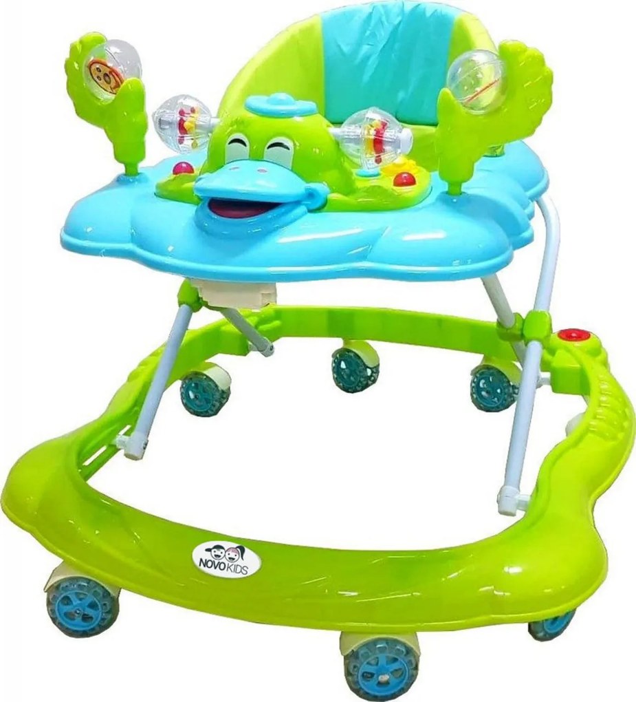 Premergator Reglabil in 3 Trepte NOVOKIDS™ Happy Duck , cu roti din silicon, Ratusca, Pliabil, 8 Roti, Cu Melodii, Verde Turquoise
