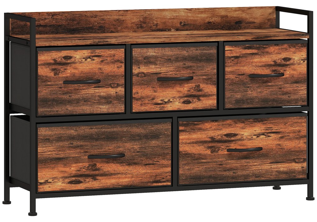 HOMCOM Comodă, mobilier de depozitare cu 5 sertare pliabile din țesătură, blat și cadru din oțel, 98 x 29 x 63 cm, maro rustic | Aosom Romania
