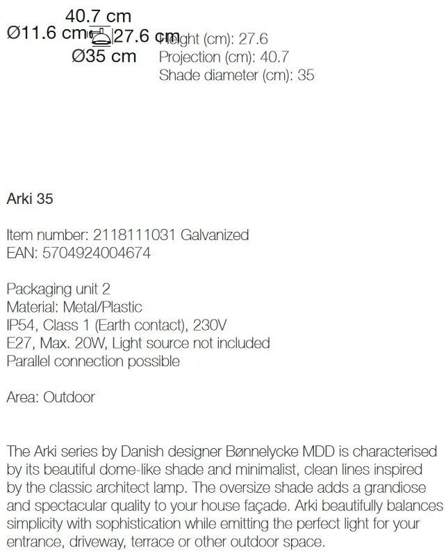 Aplica de perete pentru ilumninat exterior IP54, Arki 35 galvanizat 2118111031 NL