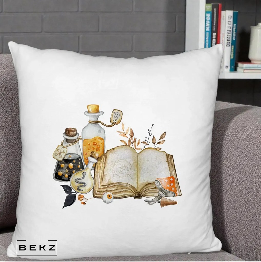 Perna Decorativa Grimoire Vrajitoare si Filtre Magice Halloween, 40x40 cm, Alb Pufos, Husa Detasabila, Perna Inclusa, BEKZ®