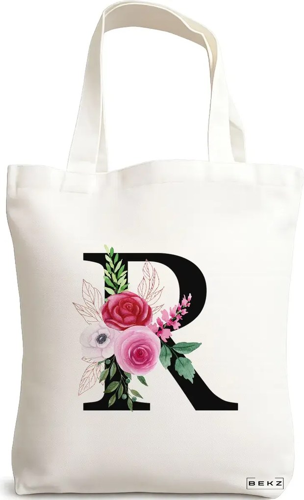 Sacosa de Panza pentru Cumparaturi, Geanta Tote, Cu litera R si Trandafiri, 38x34.5 cm, Alba, BEKZ®
