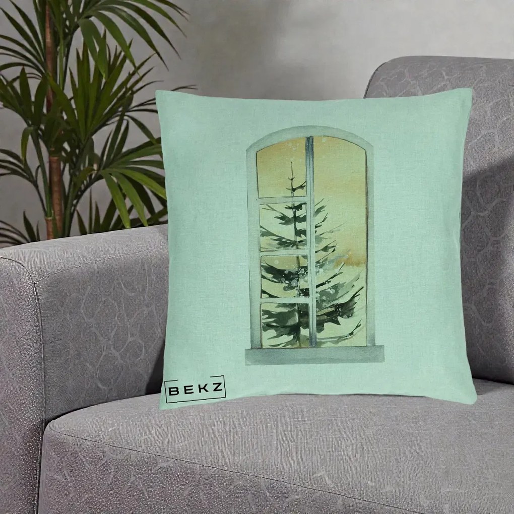 Perna Decorativa Fereastra cu Brad de Iarna, 40x40 cm, Verde Menta, Husa Detasabila, Perna Inclusa, BEKZ®