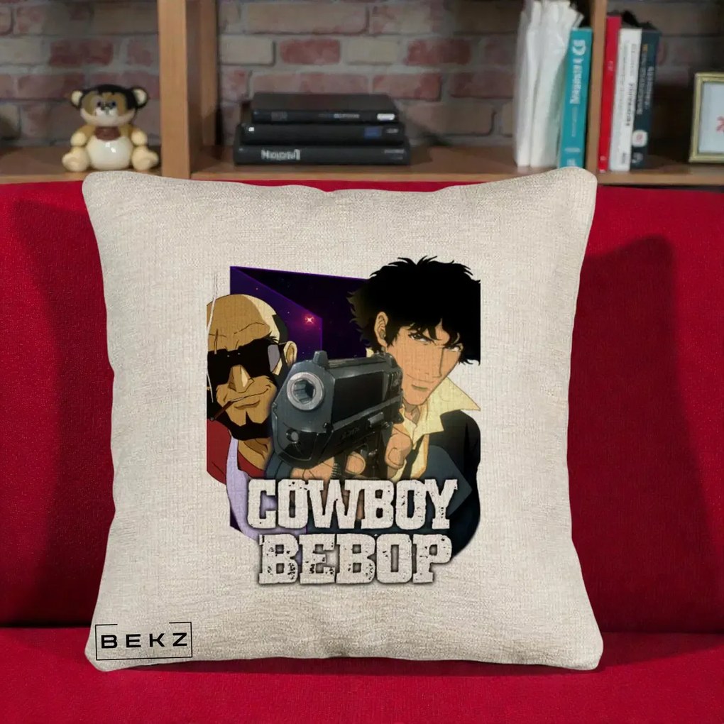 Perna Personalizata Cowboy Bebop Spike si Jet Poster, 40x40 cm, Bej Canapea, Husa Detasabila, Perna Inclusa, BEKZ®