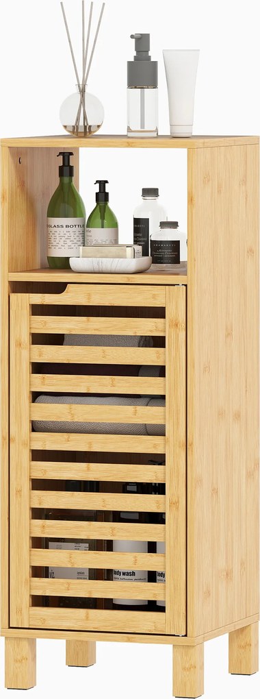 HOMCOM Dulap baie, raft deschis, dulap, lemn de bambus, ușă cu lamele, maro deschis | Aosom Romania