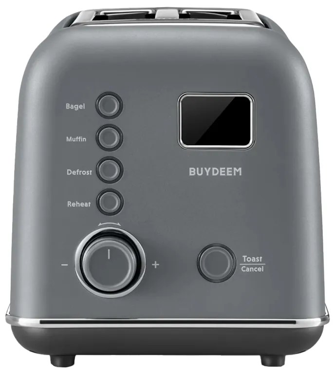 Prajitor de paine BUYDEEM DT730E, 900W, 2 felii, 9 programe automate, 9 trepte de prajire, Carcasa din otel inoxidabil, Afisaj LCD, Indicatori LED, Auto-centrare, Timer, Gri