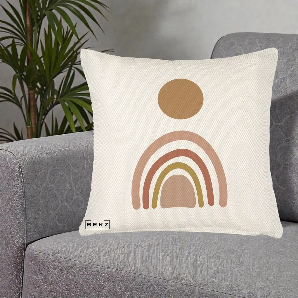 Perna Decorativa Boho Rainbow Sun, 40x40 cm, Crem Reliefat, Husa Detasabila, Perna Inclusa, BEKZ®
