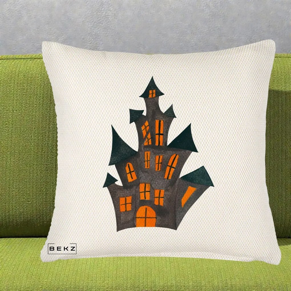 Perna Decorativa Halloween Casa Bantuita Minimalista, 40x40 cm, Crem Reliefat, Husa Detasabila, Perna Inclusa, BEKZ®